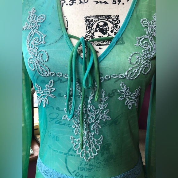 NWOT Sheer Turquoises/Aquamarine Long Sleeve Top with Beaded Accents - Picture 1 of 8